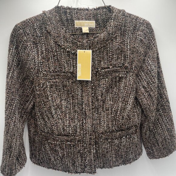 Michael Kors Womans Tweed Blazer Jacket Size 4 Brown Black NEW Snap Button - Picture 1 of 8